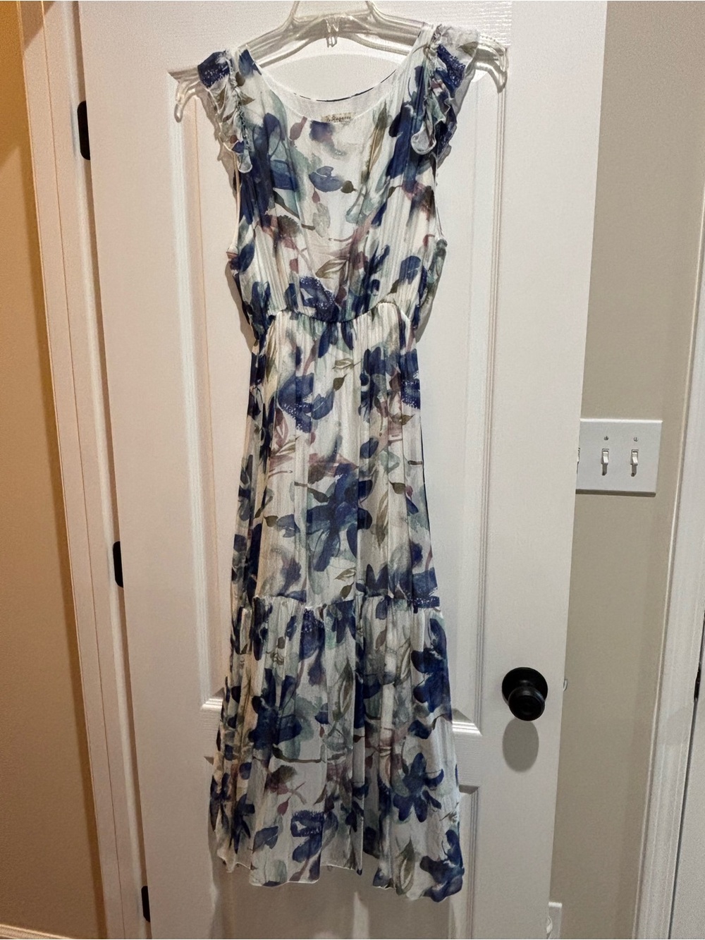 Blue Floral Maxi Dress with Ruffle Shoulders